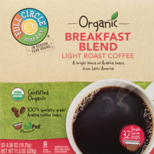 Full Circle Market Single Serve Pods Light Roast Organic Breakfast Blend Coffee Pack 32 ea